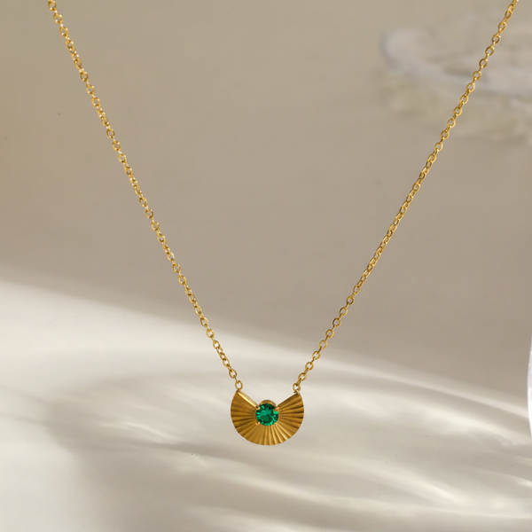 Golden Fan Emerald Charm Necklace