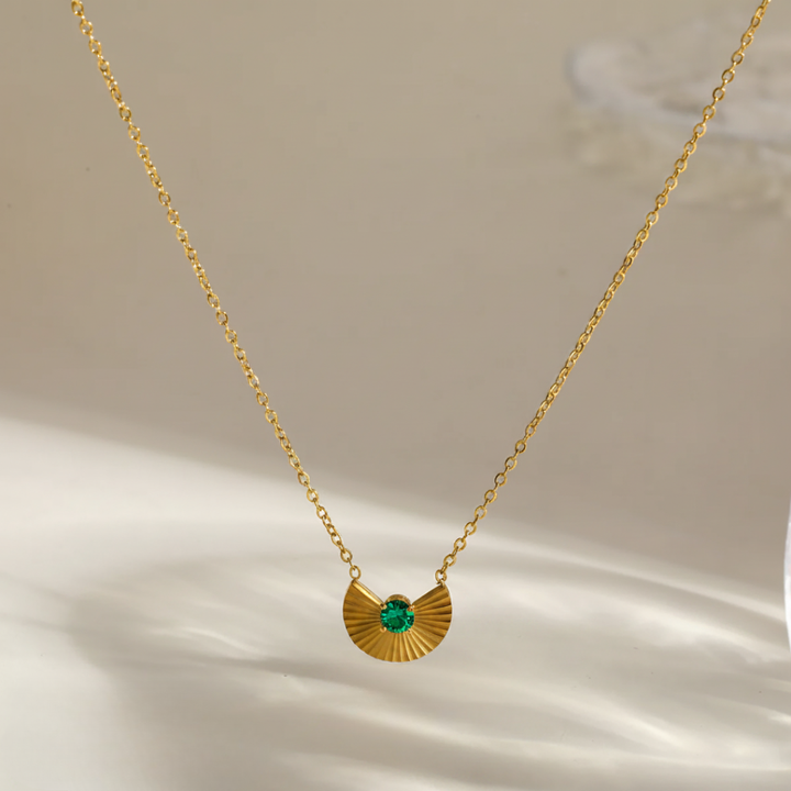 Golden Fan Emerald Charm Necklace