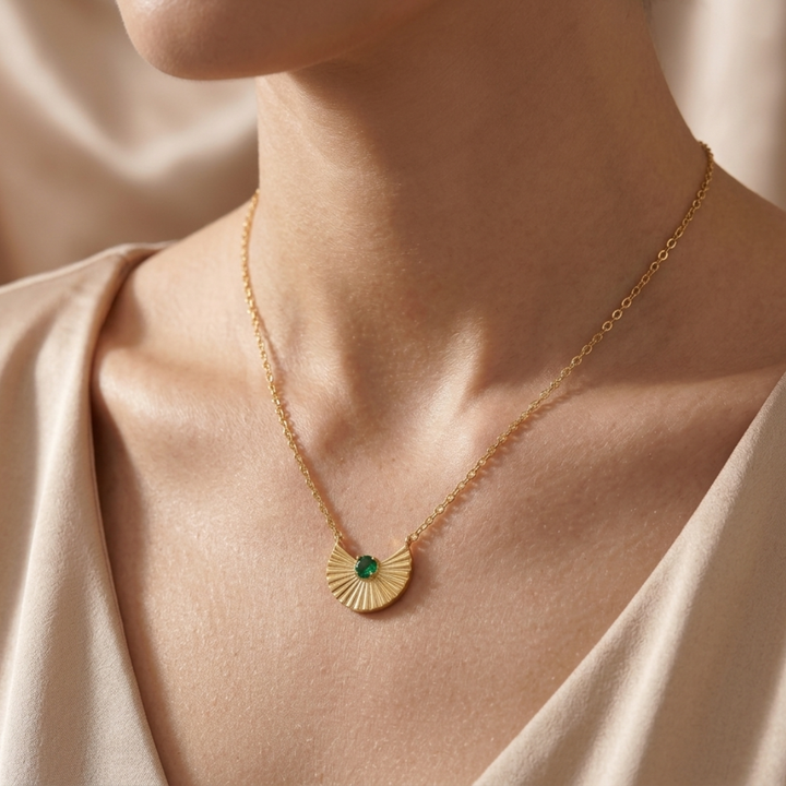 Golden Fan Emerald Charm Necklace