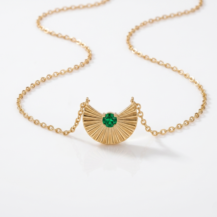 Golden Fan Emerald Charm Necklace