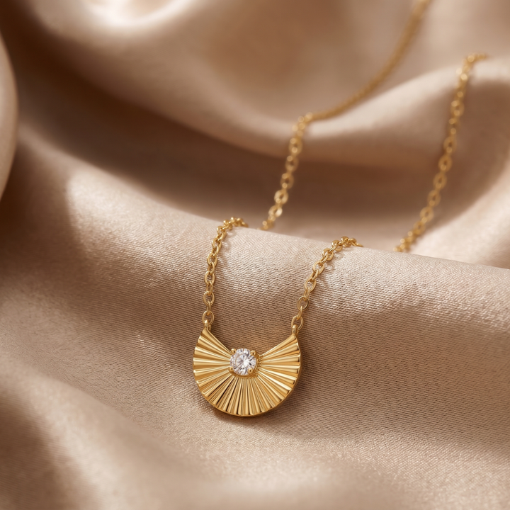 Golden Fan Crystal Charm Necklace
