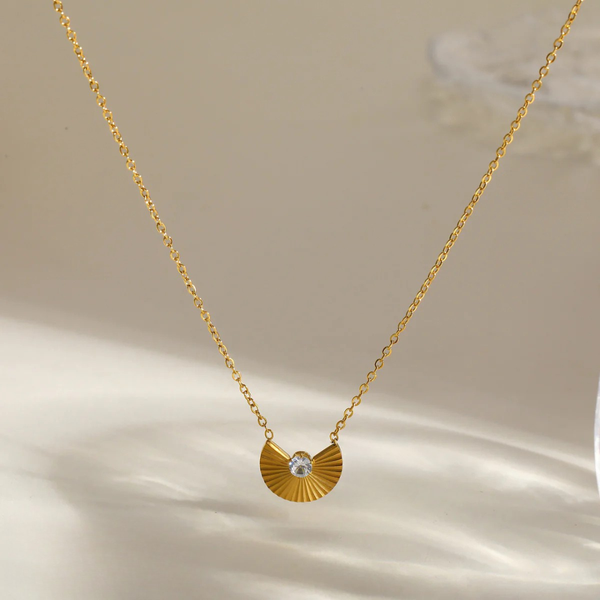 Golden Fan Crystal Charm Necklace