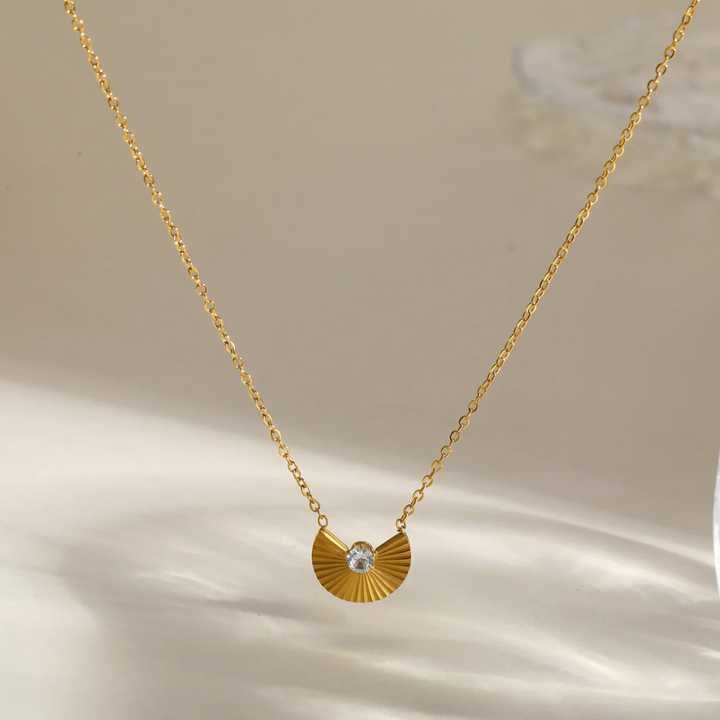 Golden Fan Crystal Charm Necklace