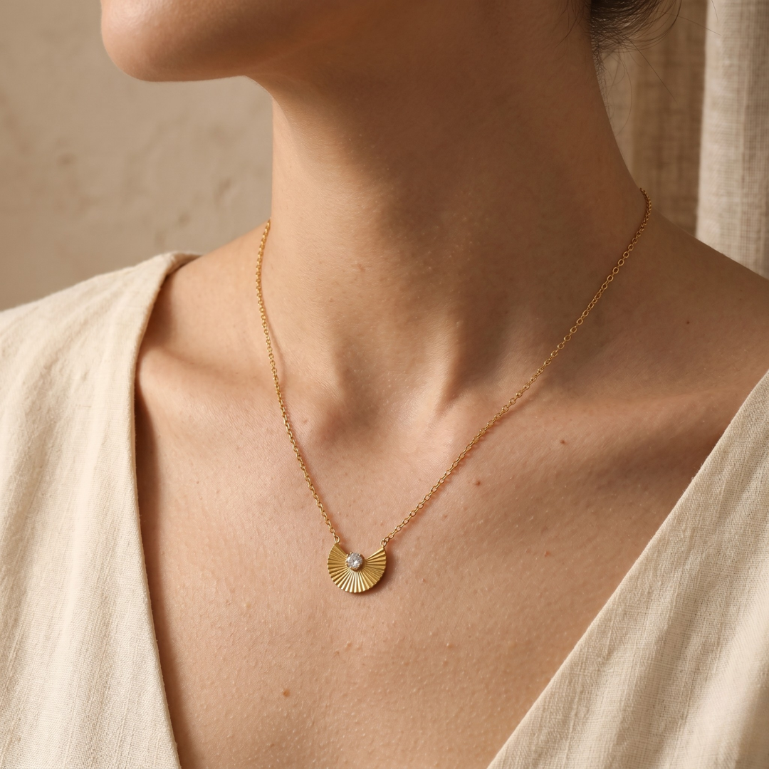 Golden Fan Crystal Charm Necklace