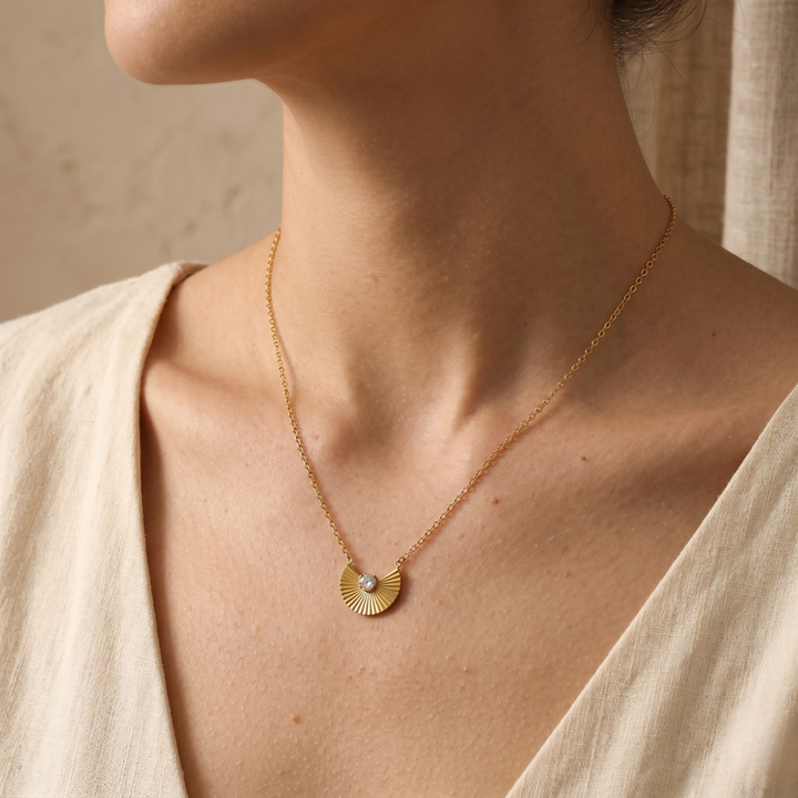 Golden Fan Crystal Charm Necklace