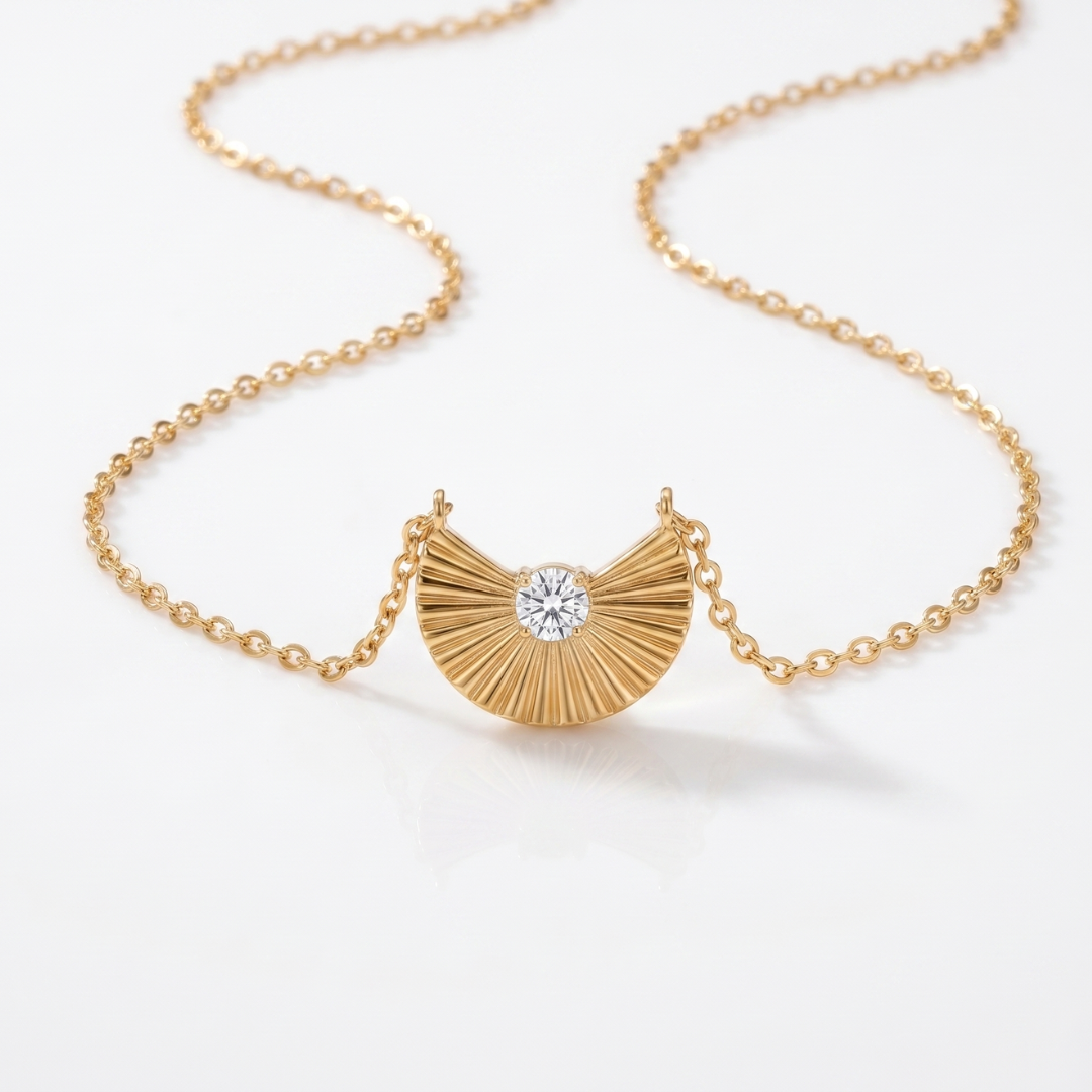Golden Fan Crystal Charm Necklace