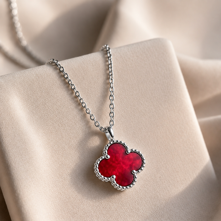 Clover Chaos Pendant Necklace - Silver-Red