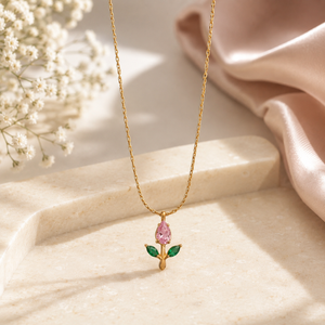 Tulip Rosebud Mini Pendant Necklace - Gold-Pink