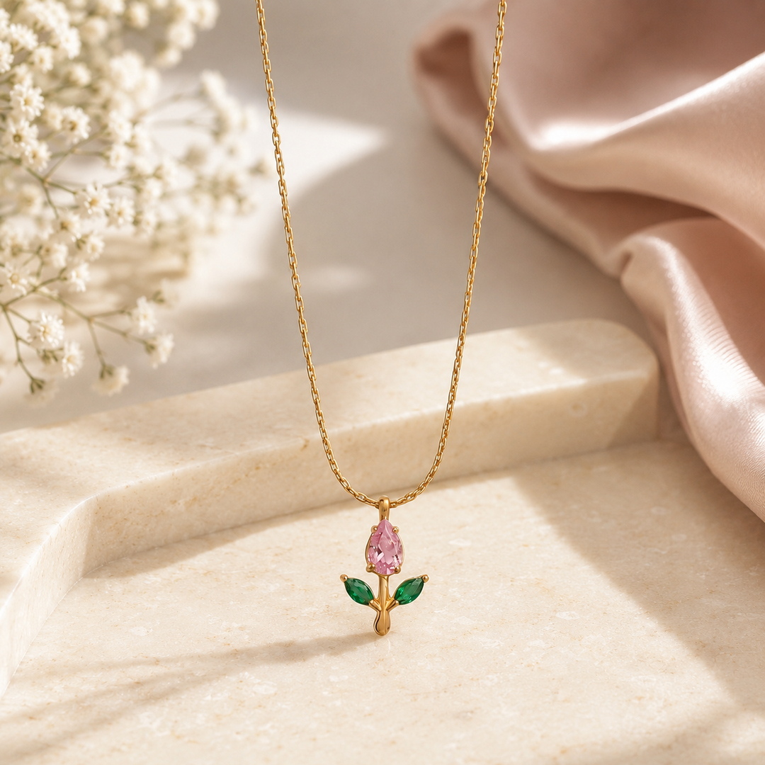 Tulip Rosebud Mini Pendant Necklace - Gold-Pink