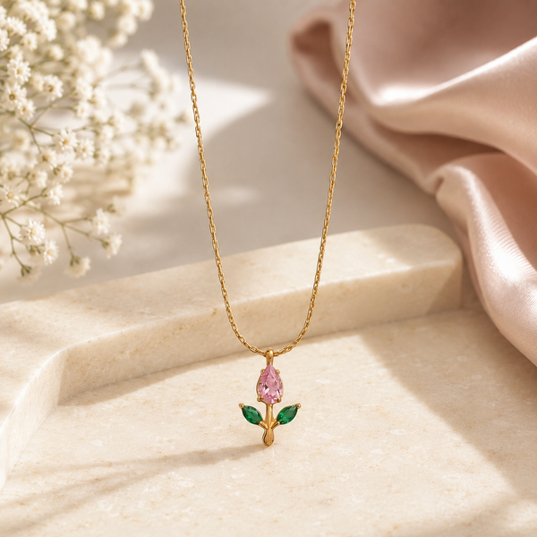 Tulip Rosebud Mini Pendant Necklace - Gold-Pink