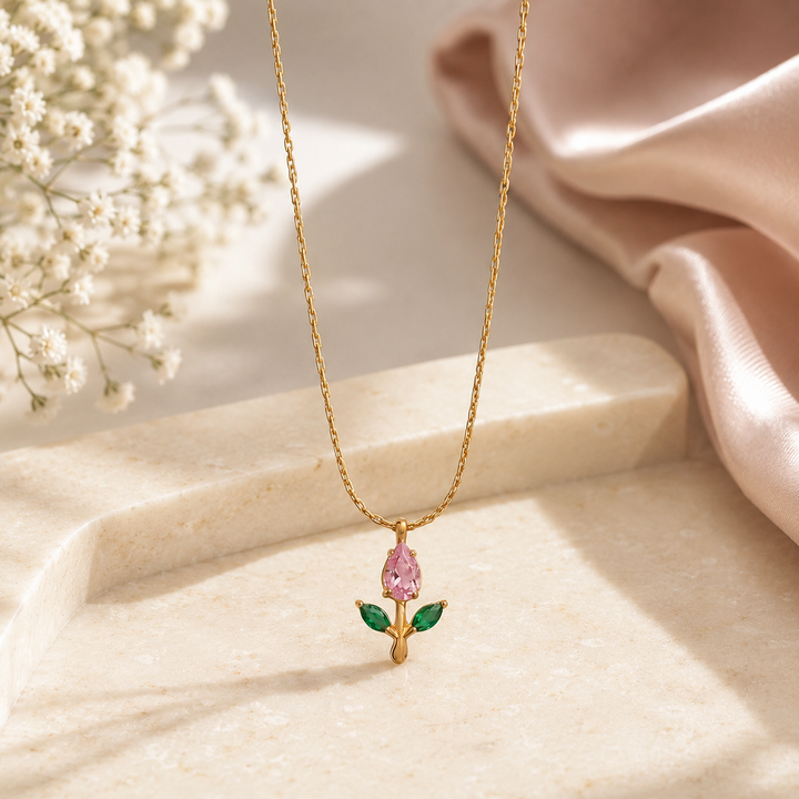Tulip Rosebud Mini Pendant Necklace - Gold-Pink