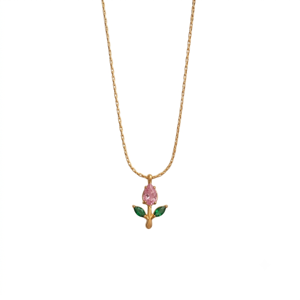 Tulip Rosebud Mini Pendant Necklace - Gold-Pink