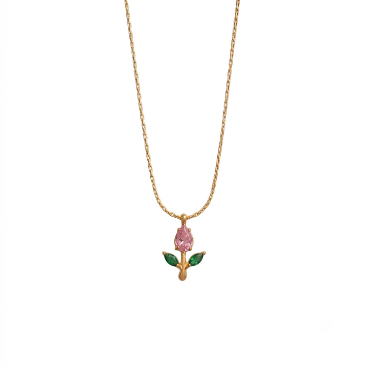 Tulip Rosebud Mini Pendant Necklace - Gold-Pink