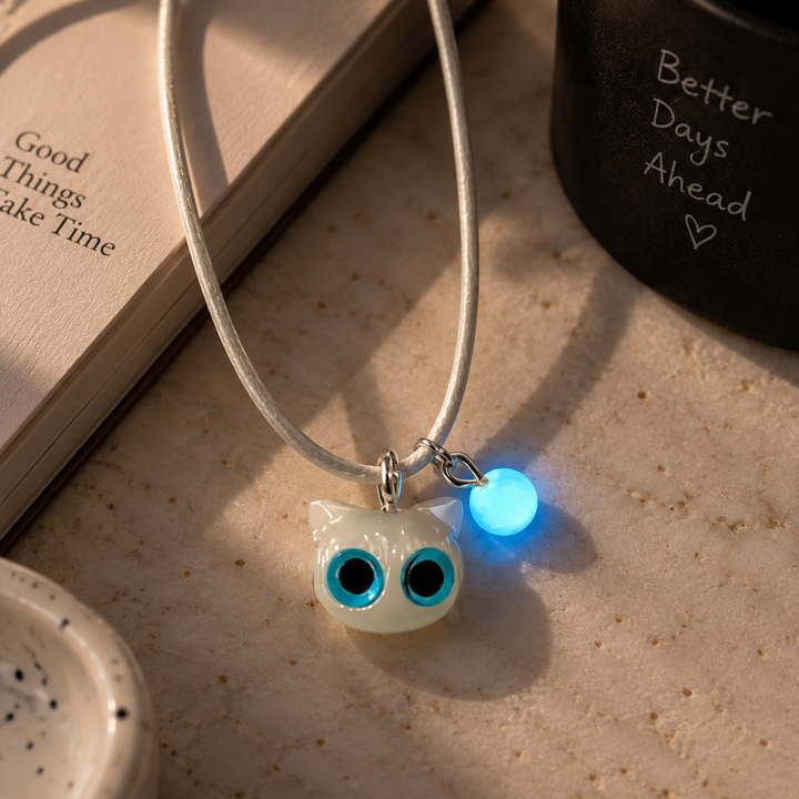 Cat Glowing Blue Necklace - White