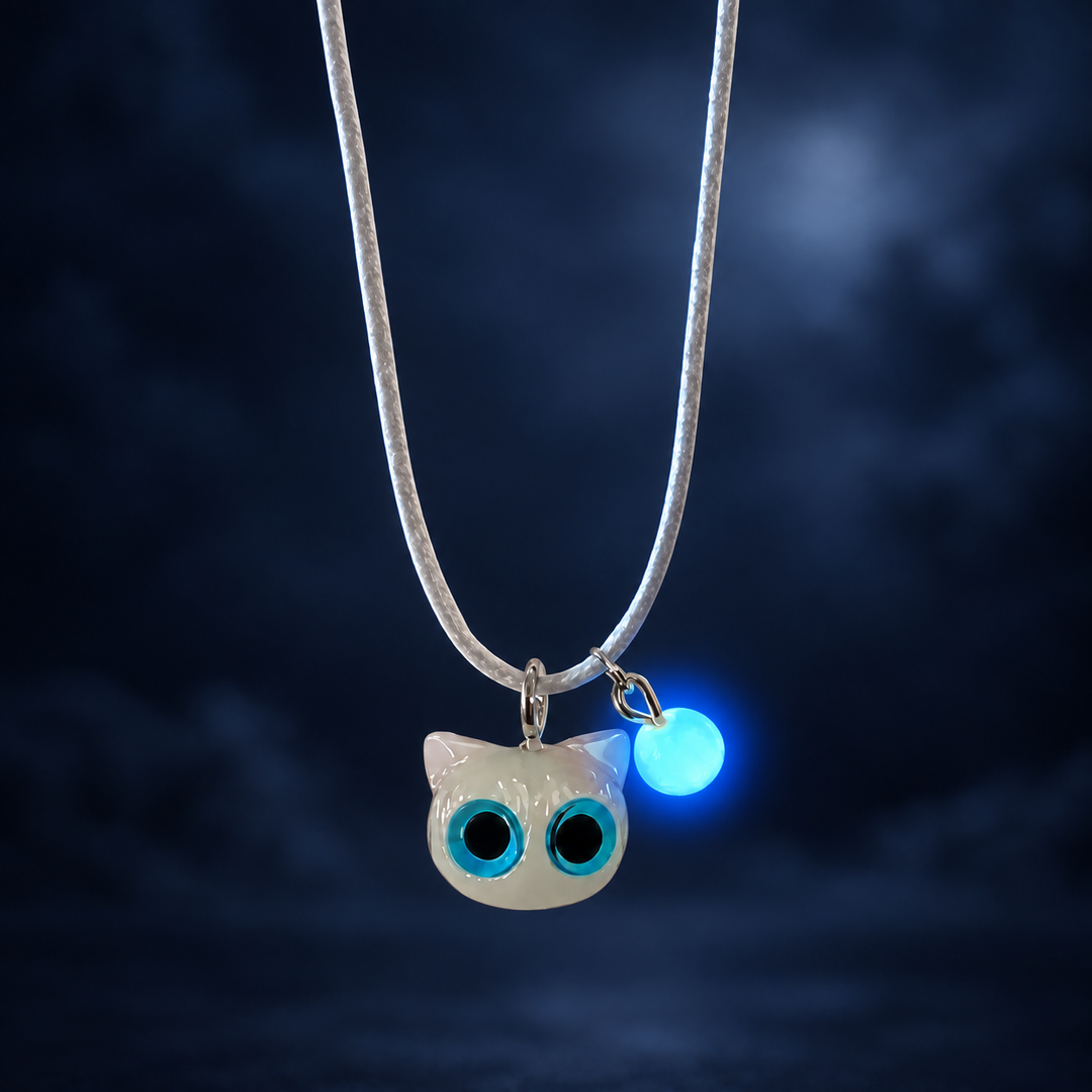 Cat Glowing Blue Necklace - White