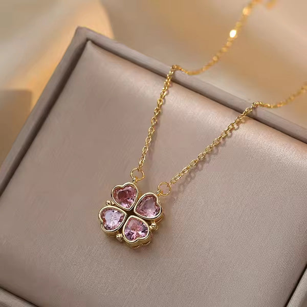 Lucky Fortune Magnetic 4-heart Clover Necklace - Pink