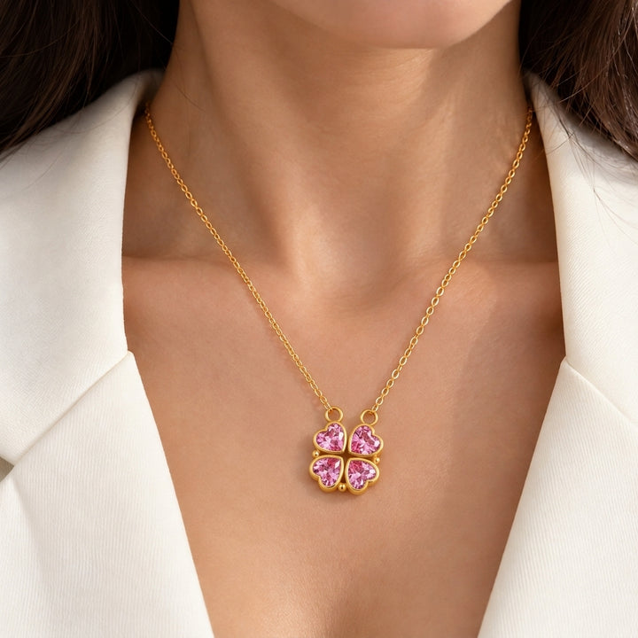 Lucky Fortune Magnetic 4-heart Clover Necklace - Pink