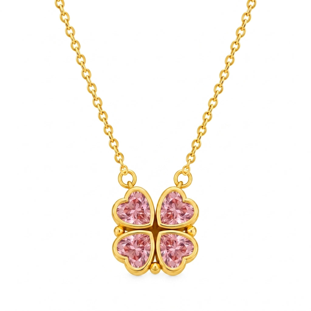 Lucky Fortune Magnetic 4-heart Clover Necklace - Pink
