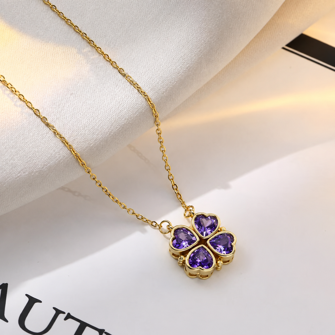 Lucky Fortune Magnetic 4-heart Clover Necklace - Purple