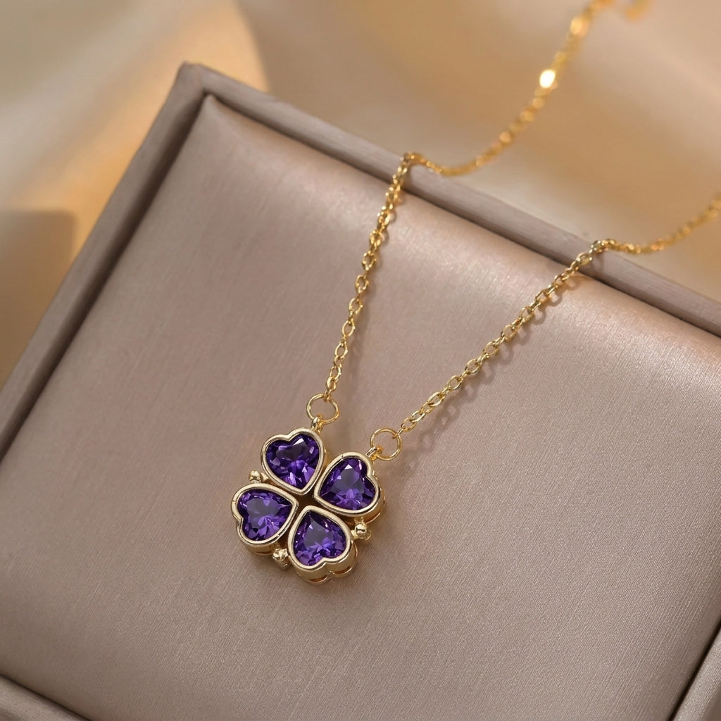 Lucky Fortune Magnetic 4-heart Clover Necklace - Purple
