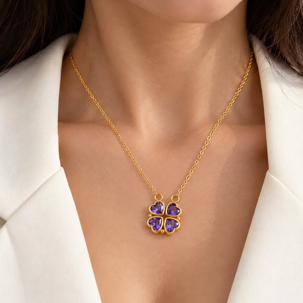 Lucky Fortune Magnetic 4-heart Clover Necklace - Purple