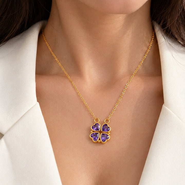 Lucky Fortune Magnetic 4-heart Clover Necklace - Purple