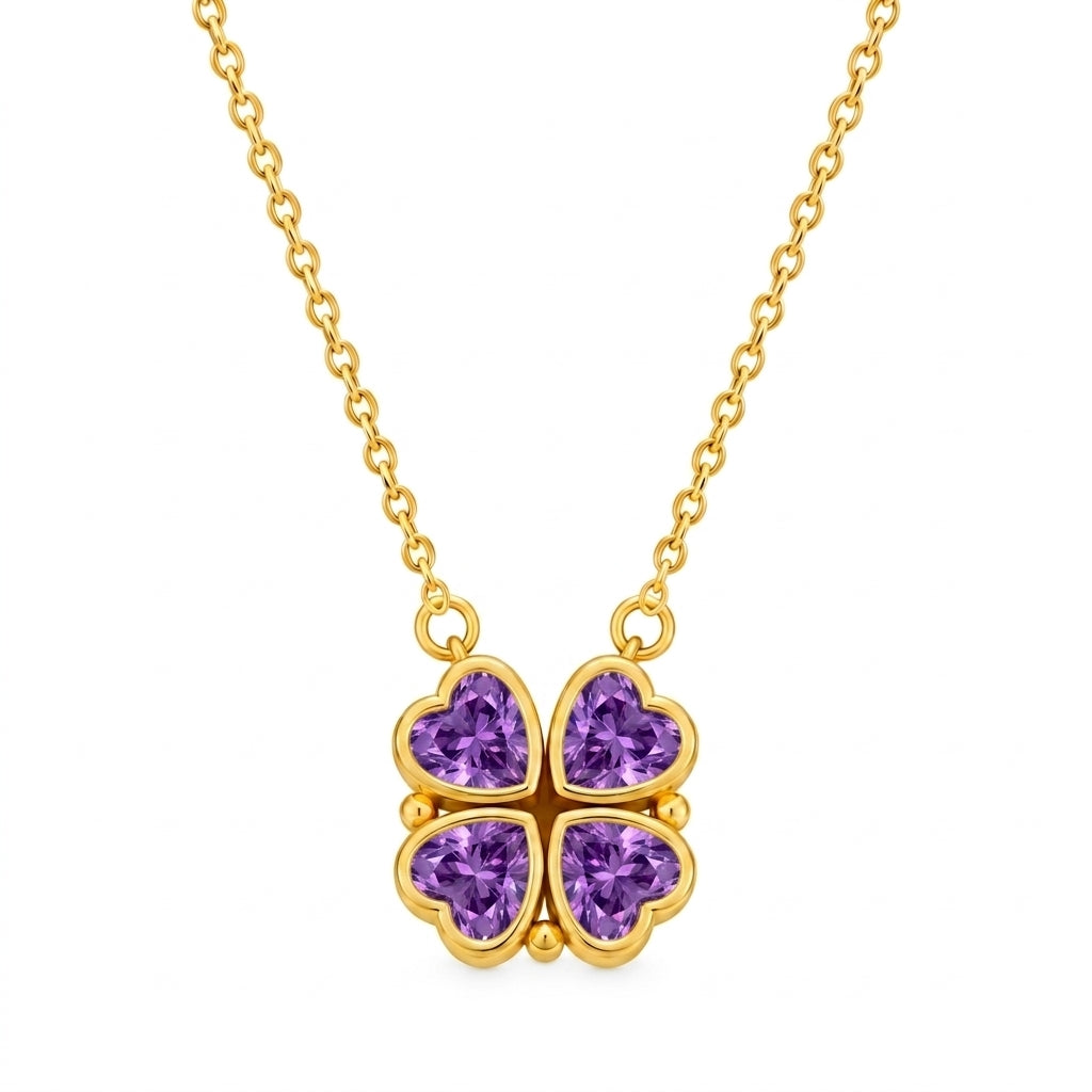 Lucky Fortune Magnetic 4-heart Clover Necklace - Purple