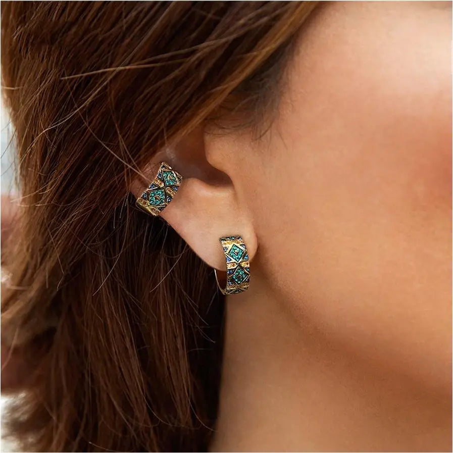 No-Piercing Green Diamond Gold Plated Hoops Cuffs Earrings - Salty Accessories
