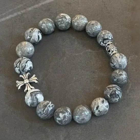 Noctis Bead Bracelet in Marbled Grey Stone