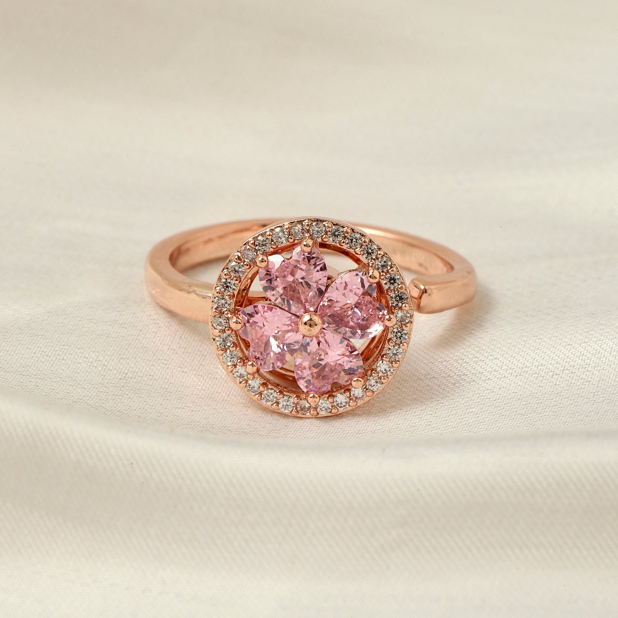 Esme Crystal Rose Gold Pink Floral Spinner Ring