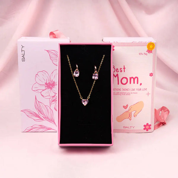 Pink Heart Dainty Necklace and Cupid's Gem Earrings set For Mother