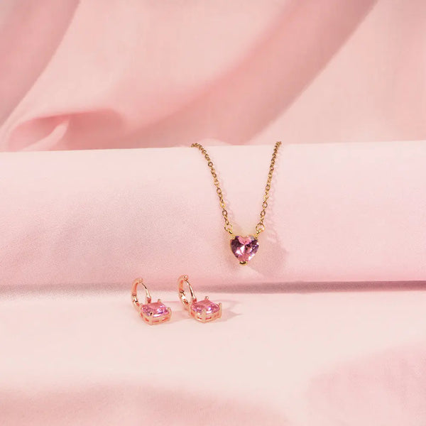Pink Heart Dainty Necklace and Cupid's Gem Earrings set For Mother