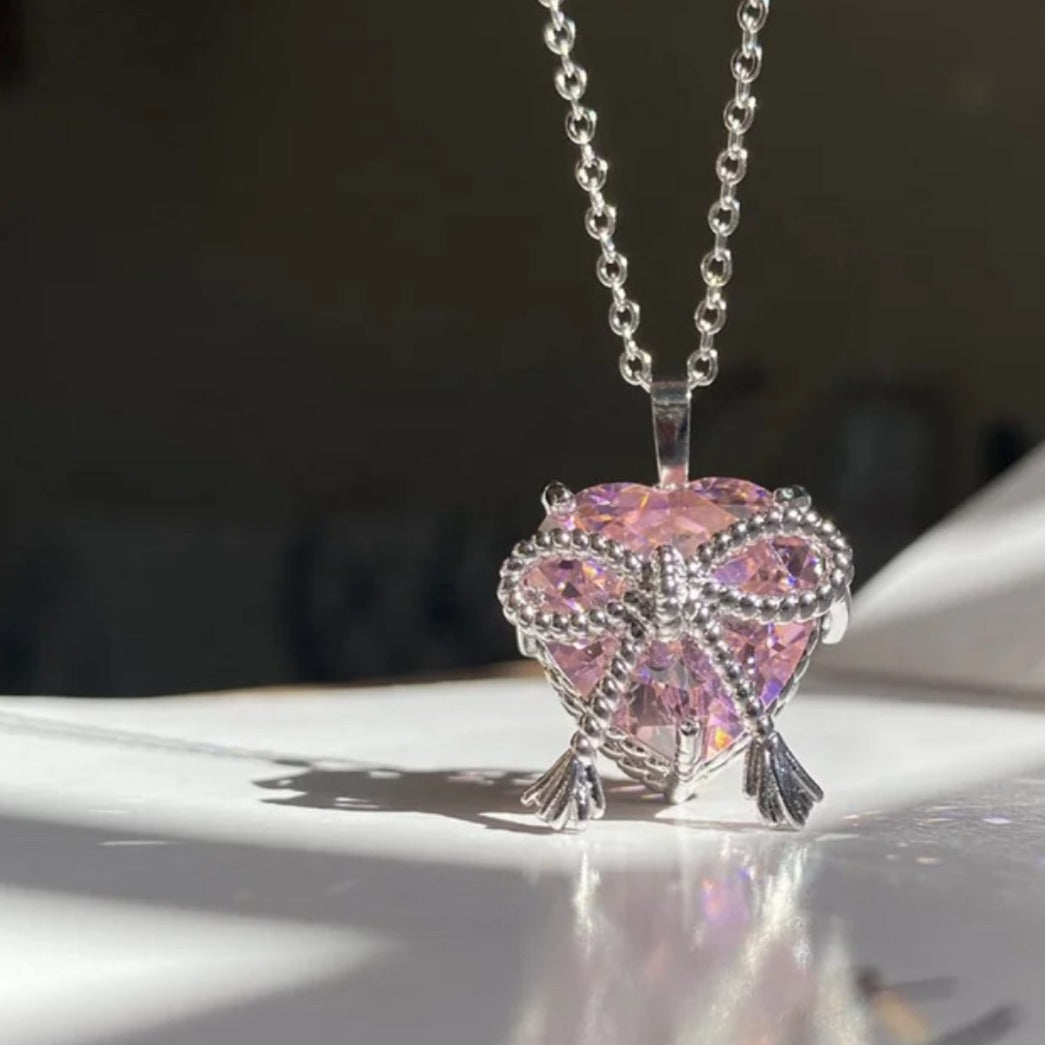 Pink Crystal Heart & Bow Necklace