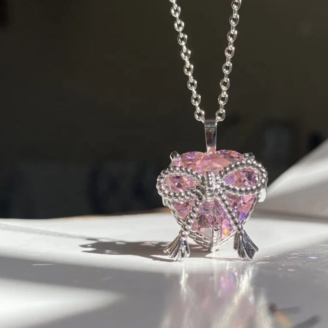 Pink Crystal Heart & Bow Necklace - Salty Accessories