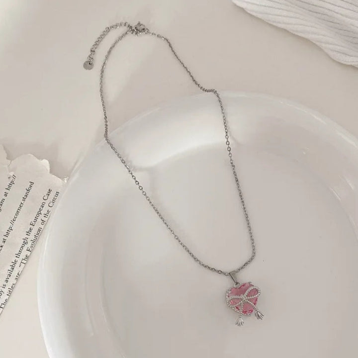 Pink Crystal Heart & Bow Necklace