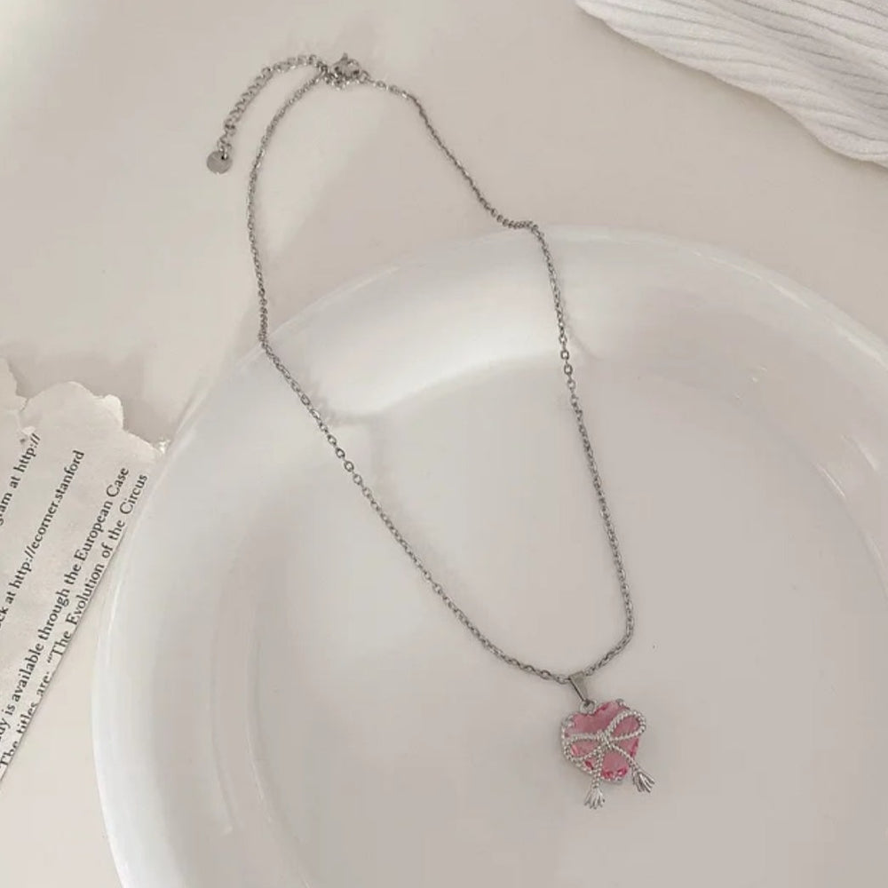 Pink Crystal Heart & Bow Necklace Salty