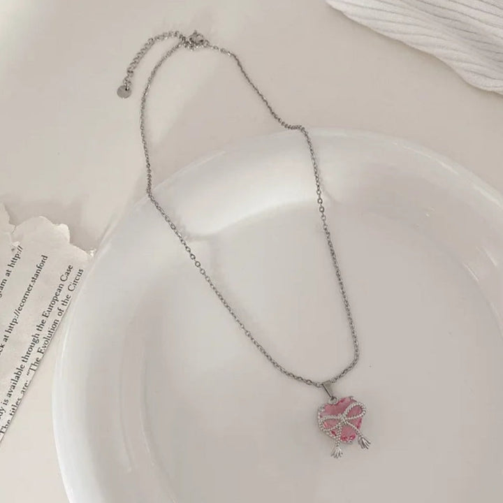 Pink Crystal Heart & Bow Necklace - Salty Accessories