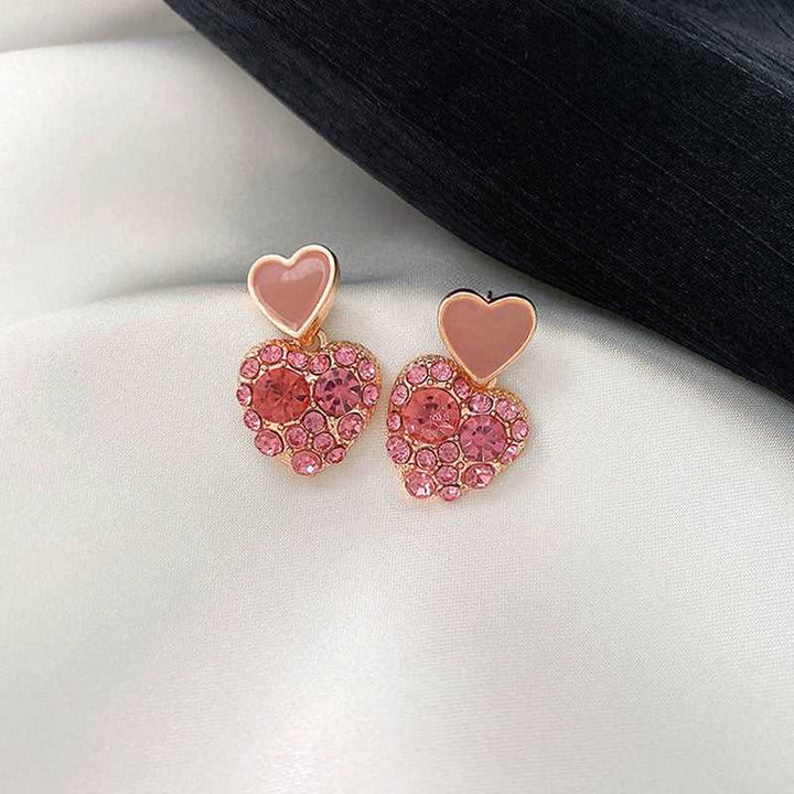 Pink Double Heart Studded Drop In Trend Studs