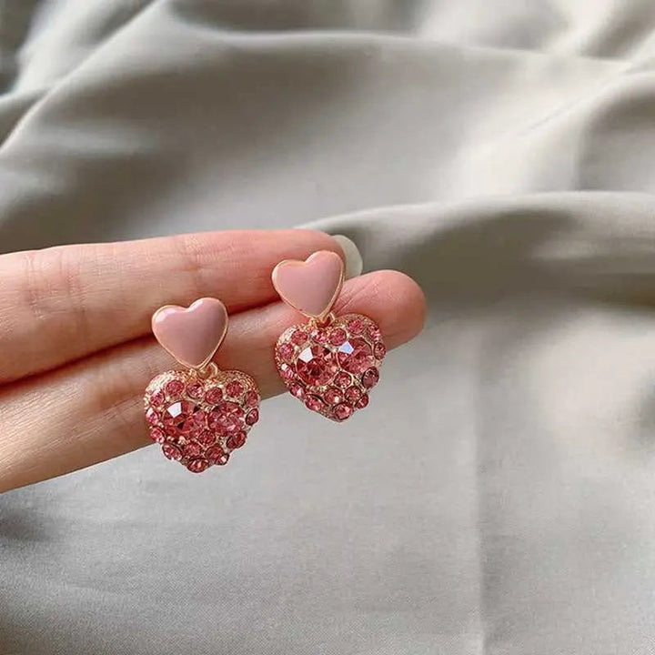 Pink Double Heart Studded Drop In Trend Studs