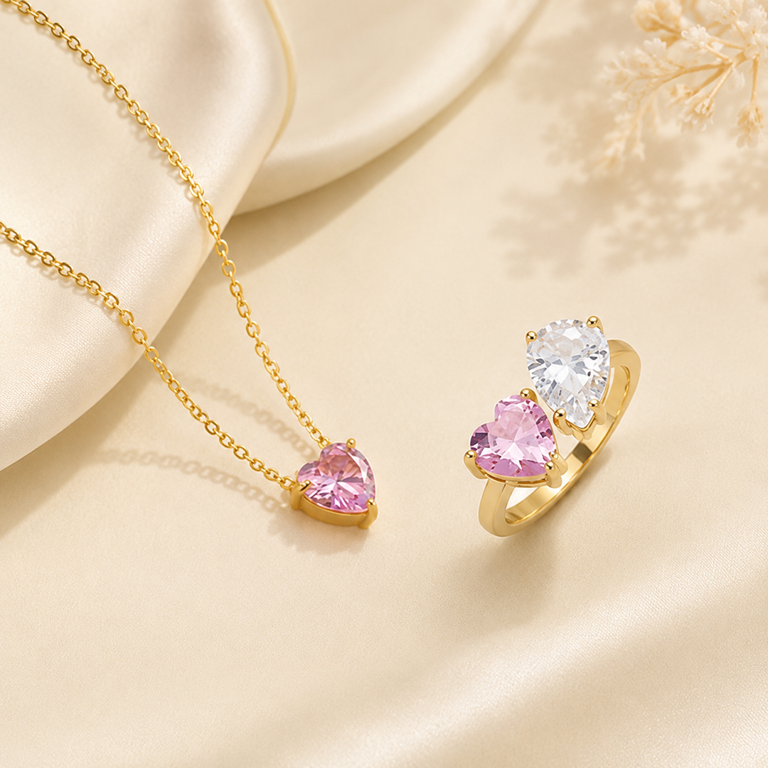 Pink Cluster Ring &amp; Heart Pendant Set