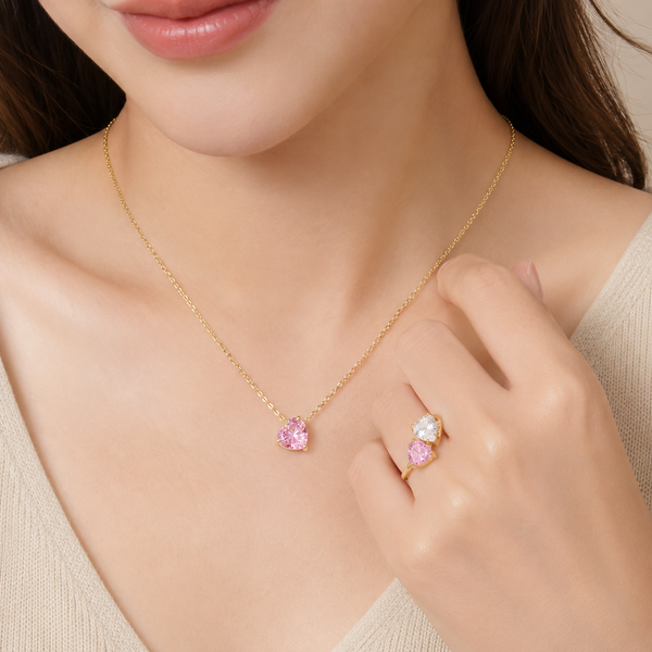 Pink Cluster Ring & Heart Pendant Set