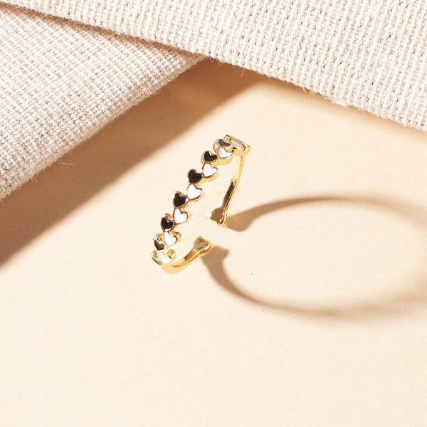 Aarna Black And White Enamel Heart Gold Ring