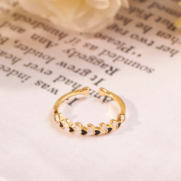 Aarna Black And White Enamel Heart Gold Ring