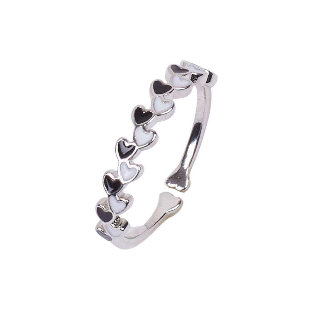 Aarna Black And White Enamel Heart Silver Ring - Salty Accessories