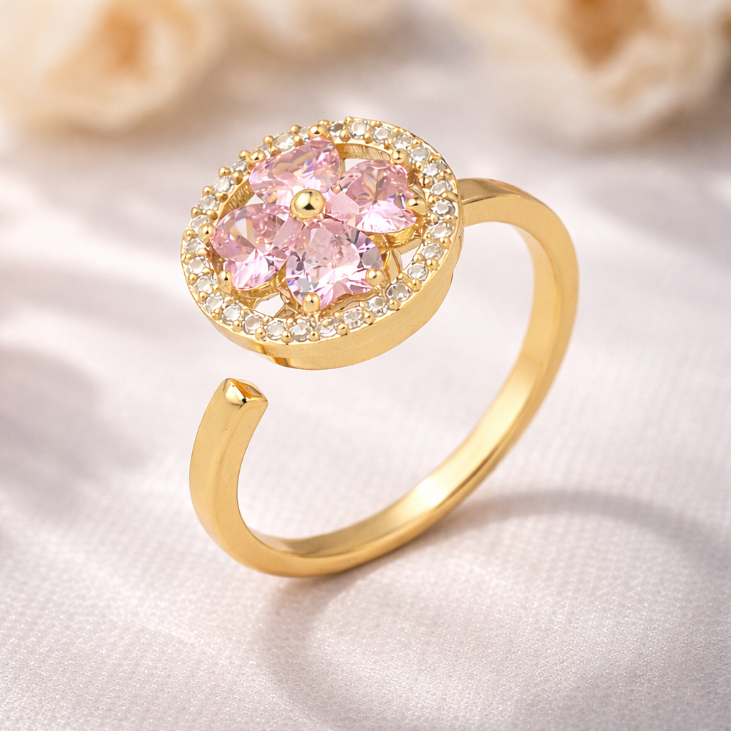 Esme Crystal Gold Pink Floral Spinner Ring