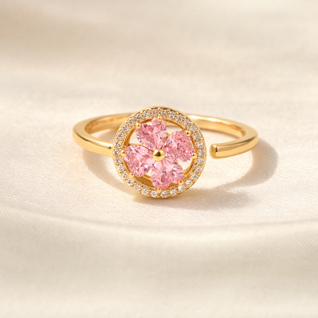 Esme Crystal Gold Pink Floral Spinner Ring