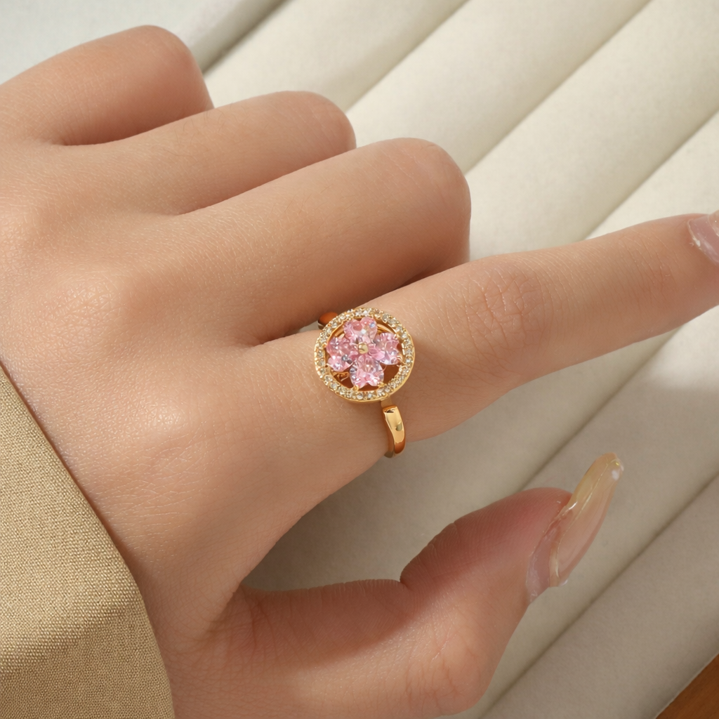 Esme Crystal Gold Pink Floral Spinner Ring