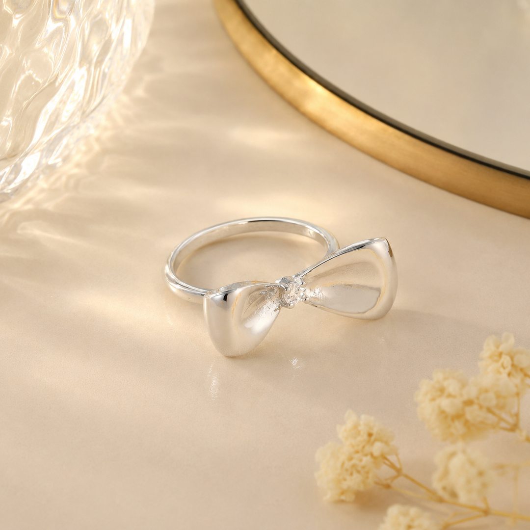 Silver-Plated Bow Studded Ring