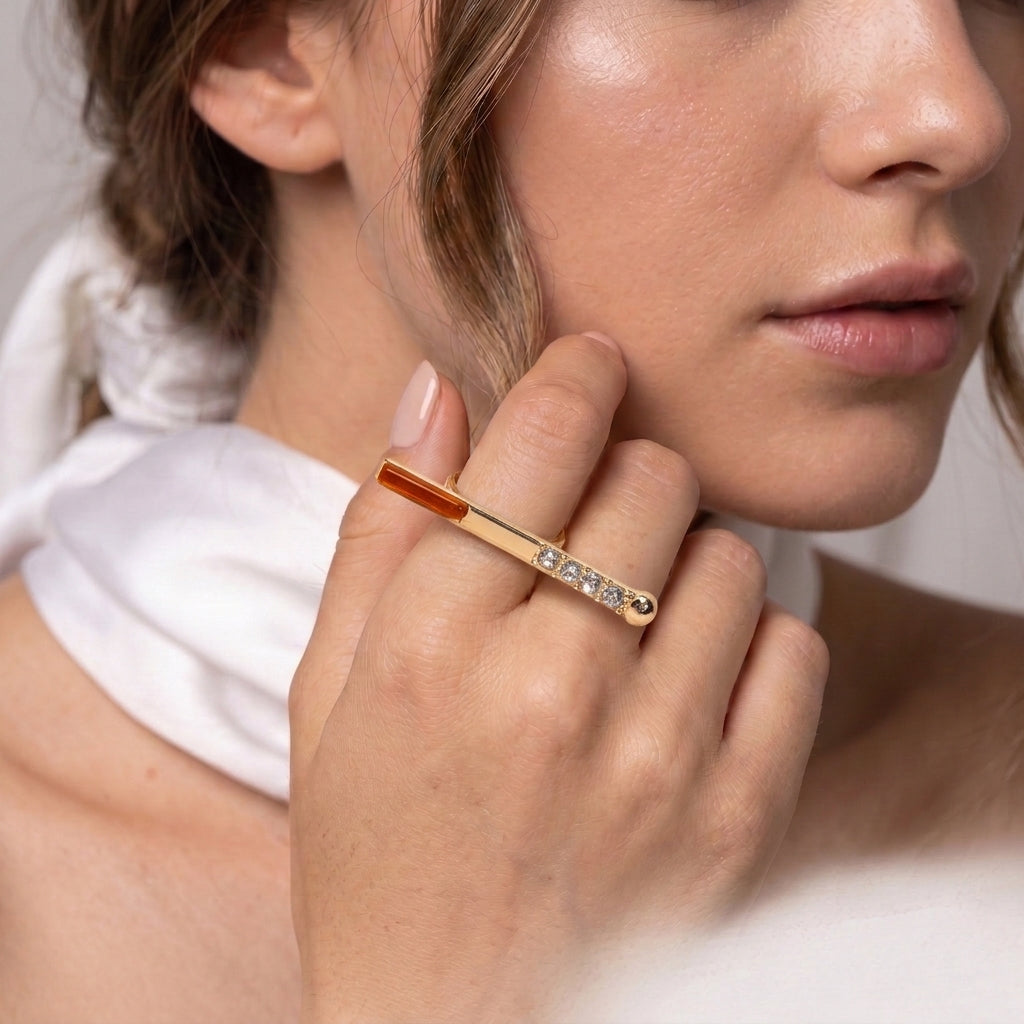 Carnelian Bar Orbit Sparkling stone Ring