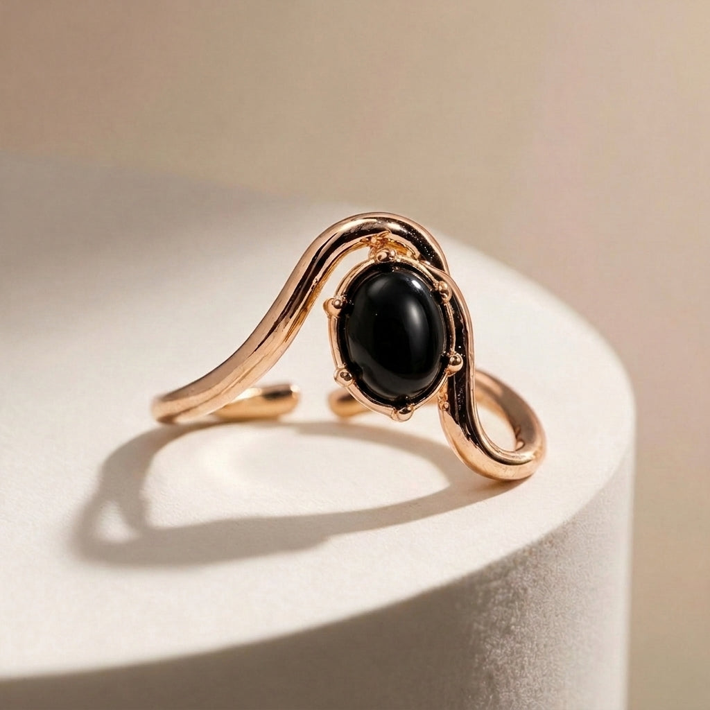 Bold Black oval Stone Wave Ring